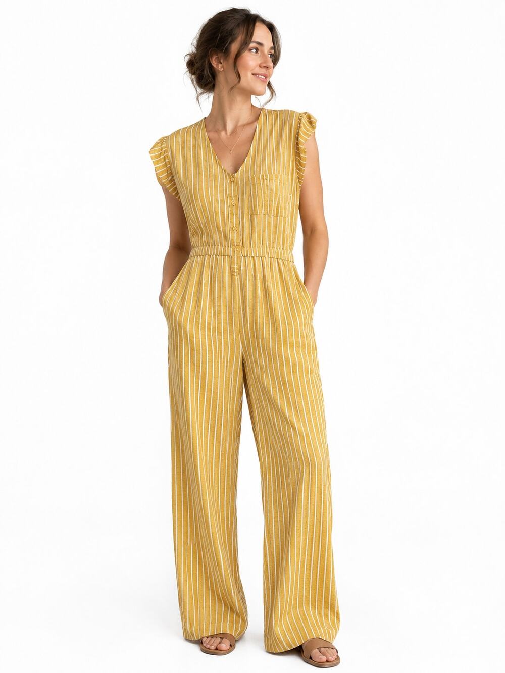 ModCloth XL Mustard Yellow White Striped Linen Blend Wide Leg Jumpsuit
